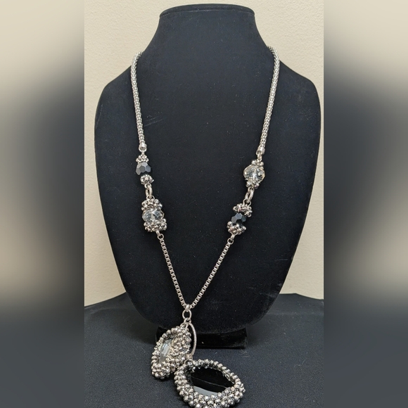 Jewelry - Elegant Silver Necklace With Cut Glass Black And Smoky Crystal Pendants